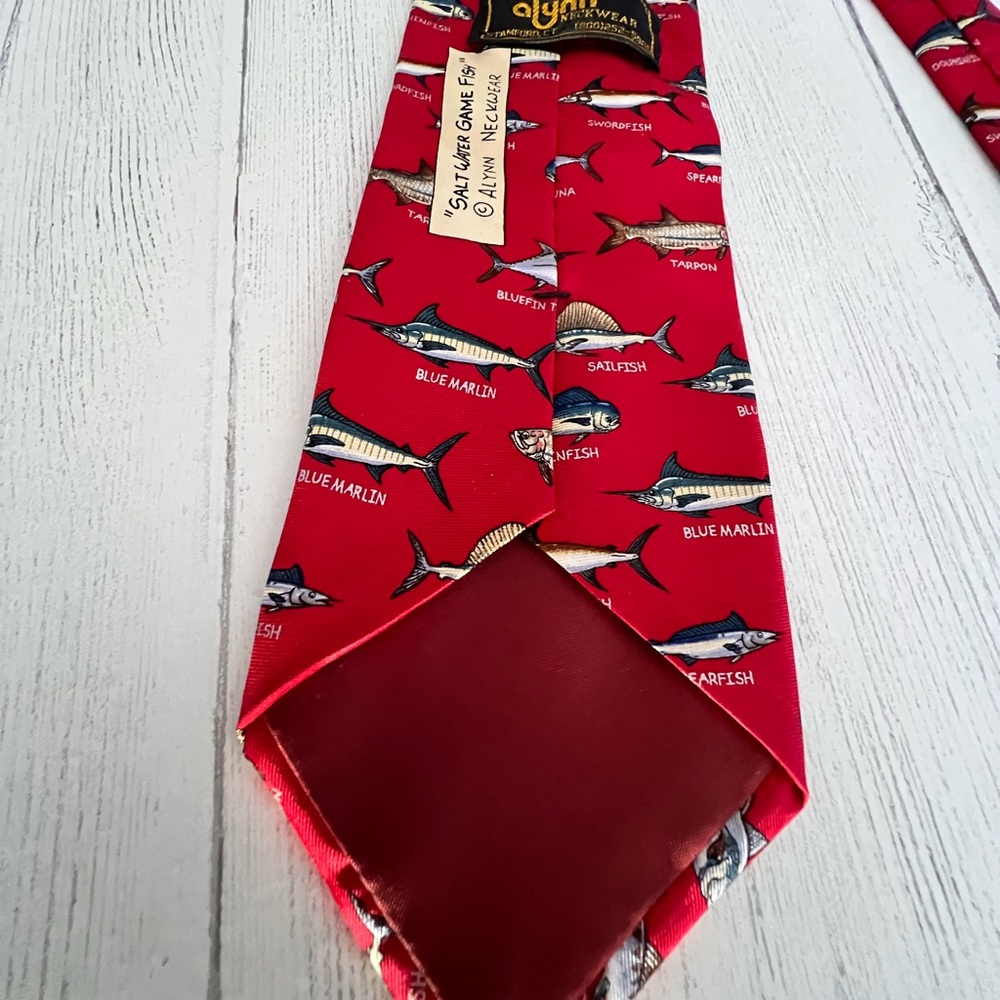 ALYNN NECKWEAR (2) 100% Silk Red NeckTies Fishing Tie Saltwater 3.5x60 VTG USA - Picture 11 of 16